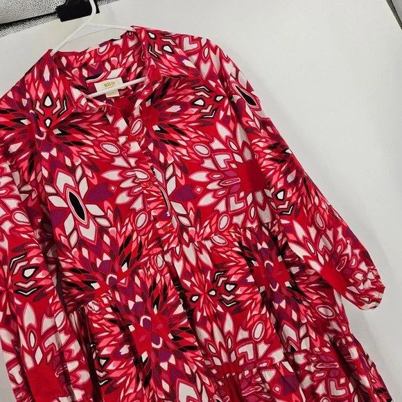 Maeve Anthropologie Bettina Mini Shirt Dress Red Floral Tiered Button Down Sz L - Picture 3 of 9